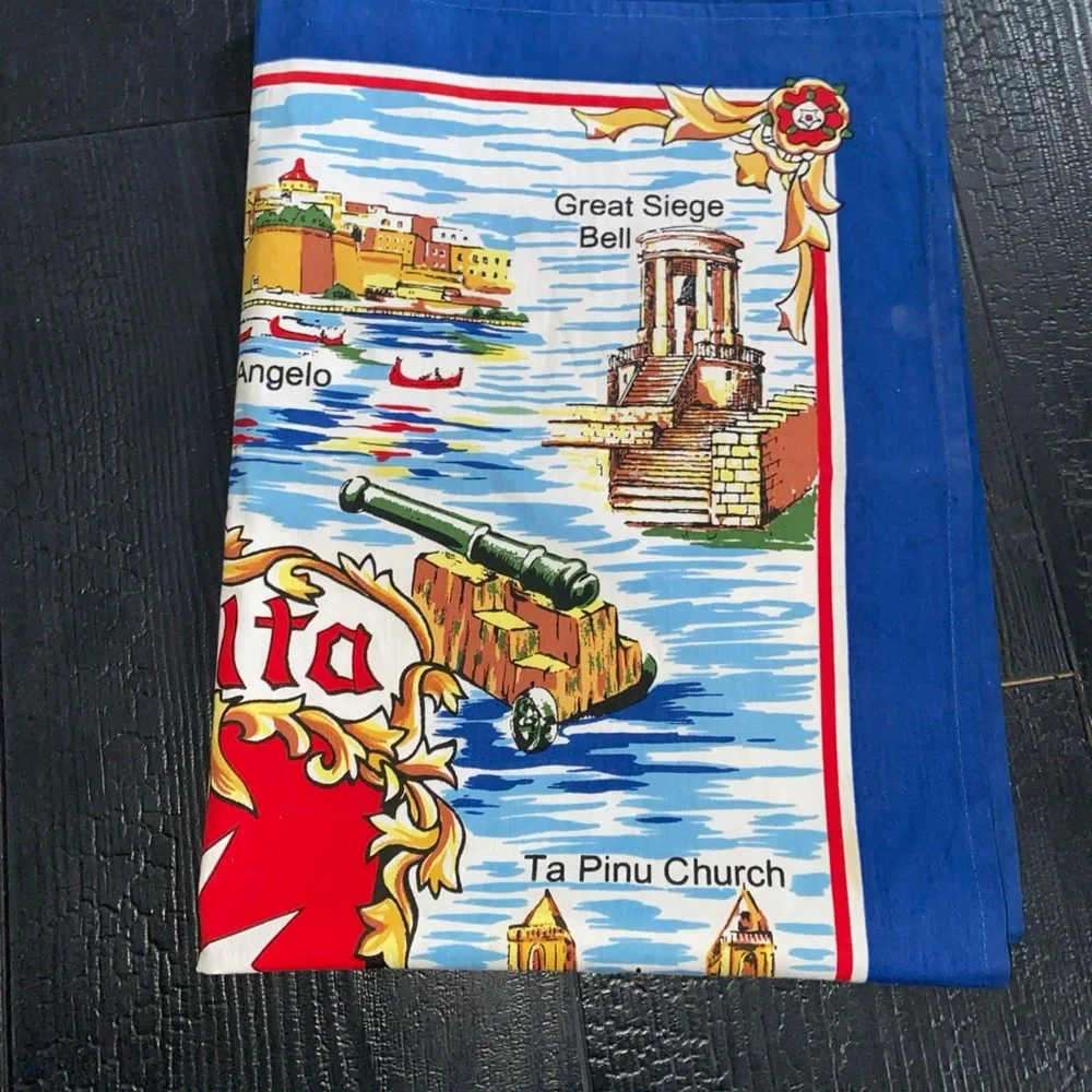 Vintage cricket Tea Towel Souvenir MALTA Landmarks‎